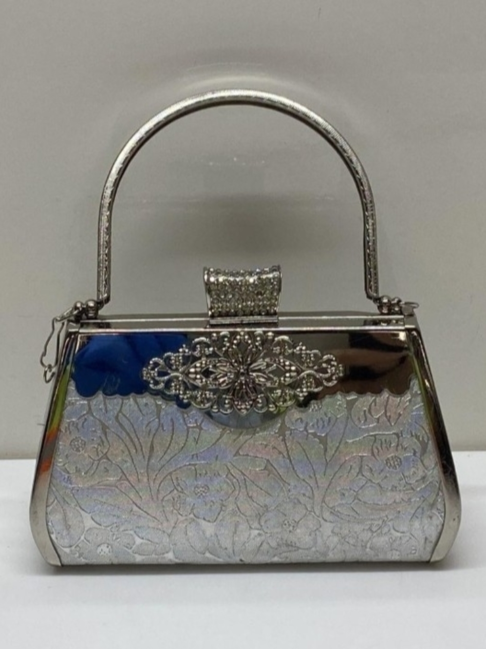 Silver Floral Embossed Evening Handbag